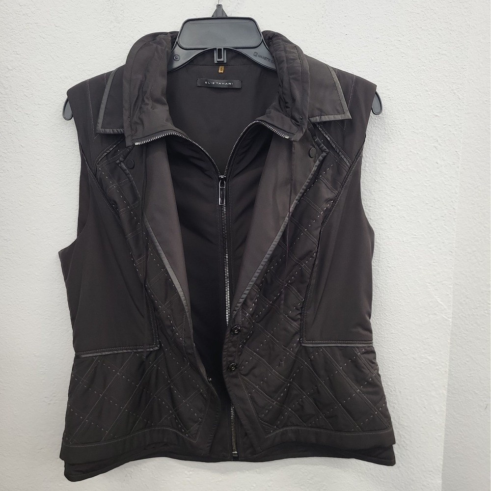 Elie Tahari Diamond Quilted Mixed Media Vest, Black, Size Large